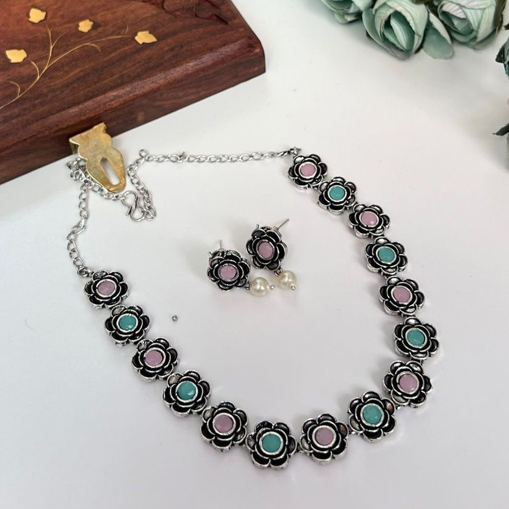 FS Collection Oxidised Plated Pota Stone Necklace Set