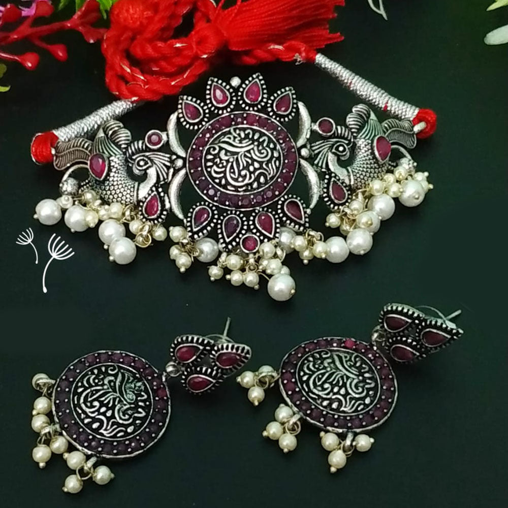 FS Collection Oxidised Plated Pota Stone And Pearl Choker Necklace Set