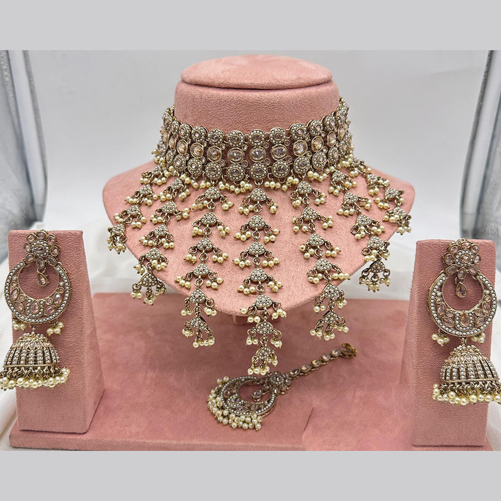 FS Collection Antique Gold Plated Austrian Stone and Pearl Choker Necklace Set