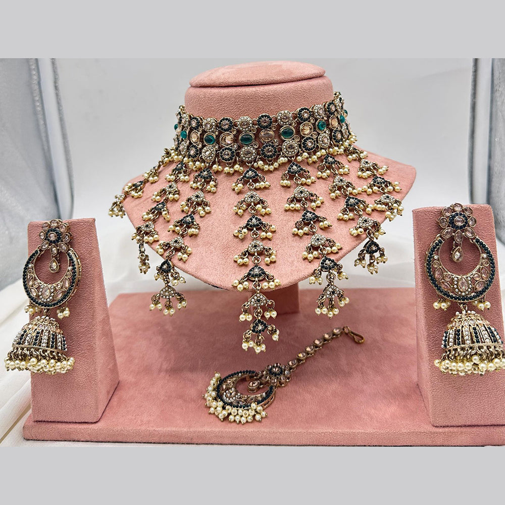 FS Collection Antique Gold Plated Austrian Stone and Pearl Choker Necklace Set