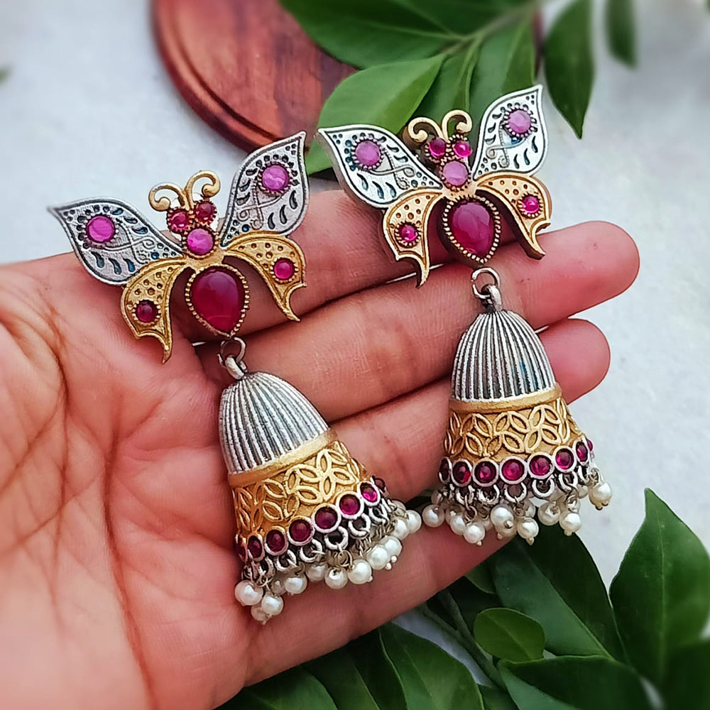 FS Collection 2 Tone Crystal Stone And Pearls Jhumki Earrings