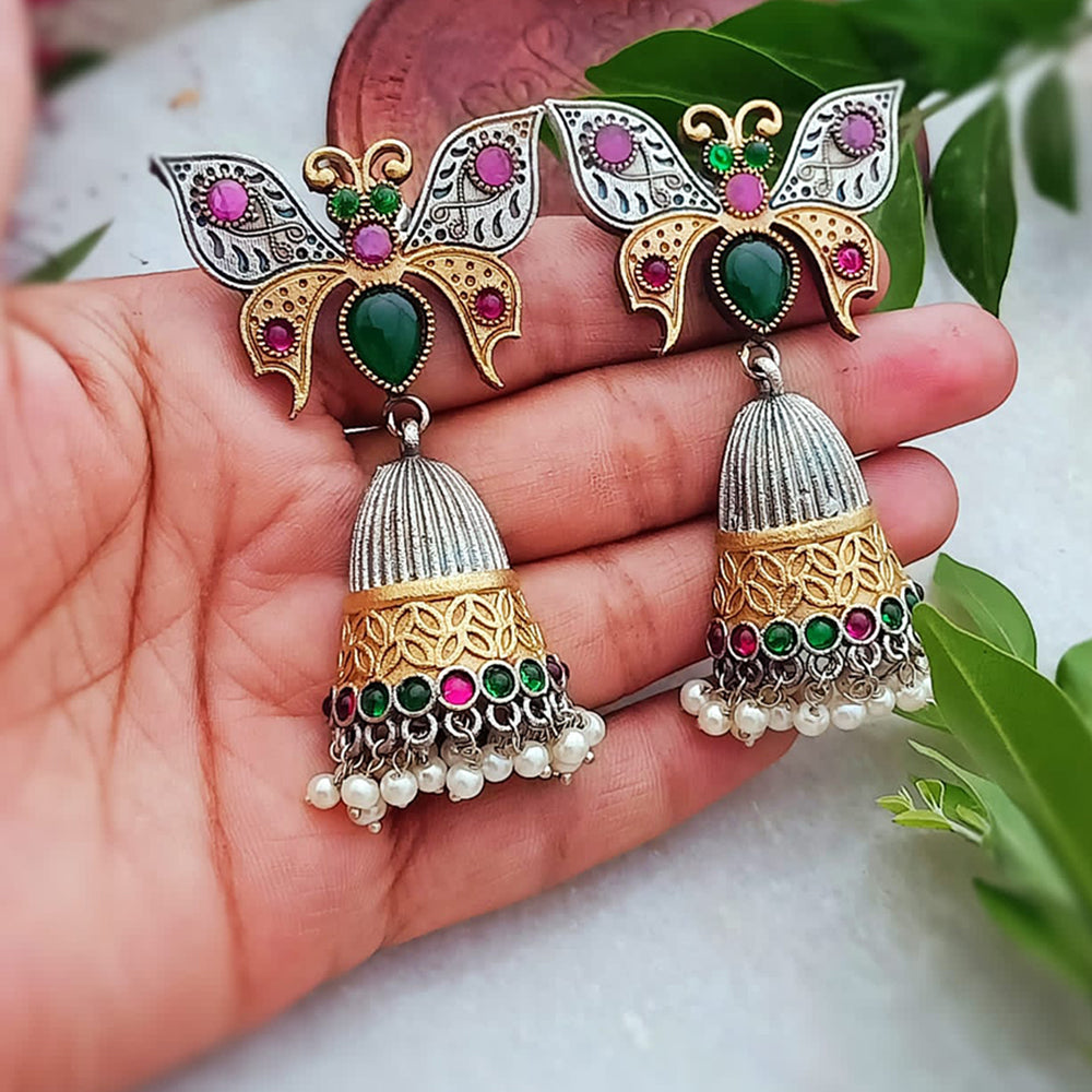 FS Collection 2 Tone Crystal Stone And Pearls Jhumki Earrings
