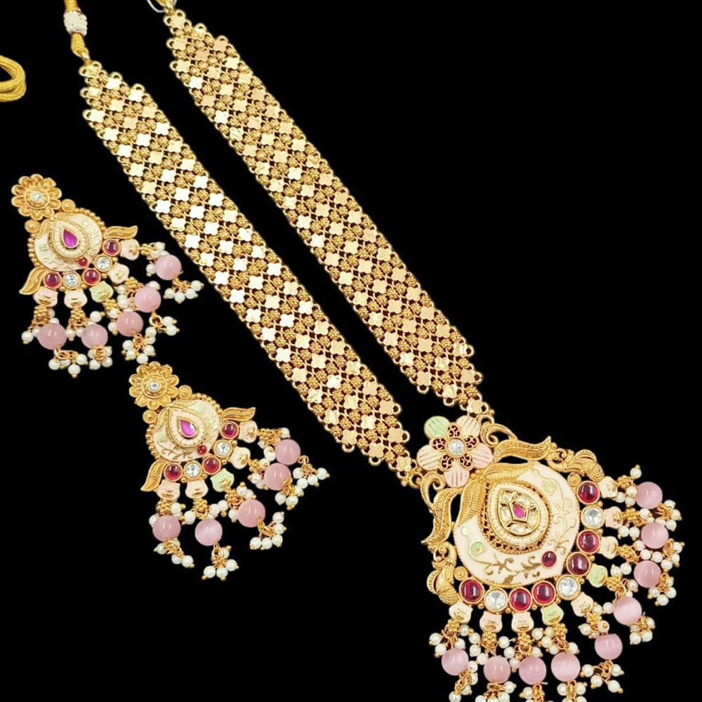 FS Collection Gold Plated Pota Stone And Meenakari Long Necklace Set