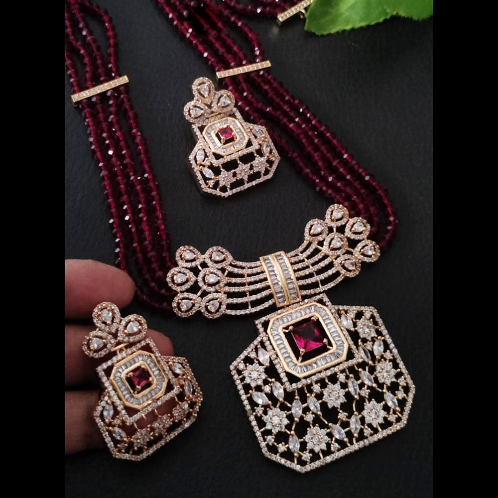 FS Collection Rose Gold Plated Austrian Stone And Pearls Long Necklace Set