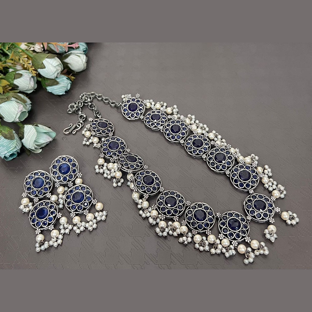FS Collection Oxidised Plated Pota Stone And Pearls Necklace Set