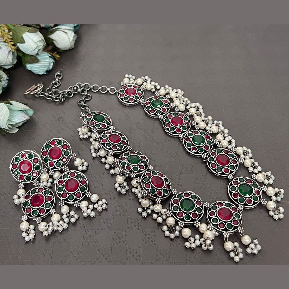 FS Collection Oxidised Plated Pota Stone And Pearls Necklace Set