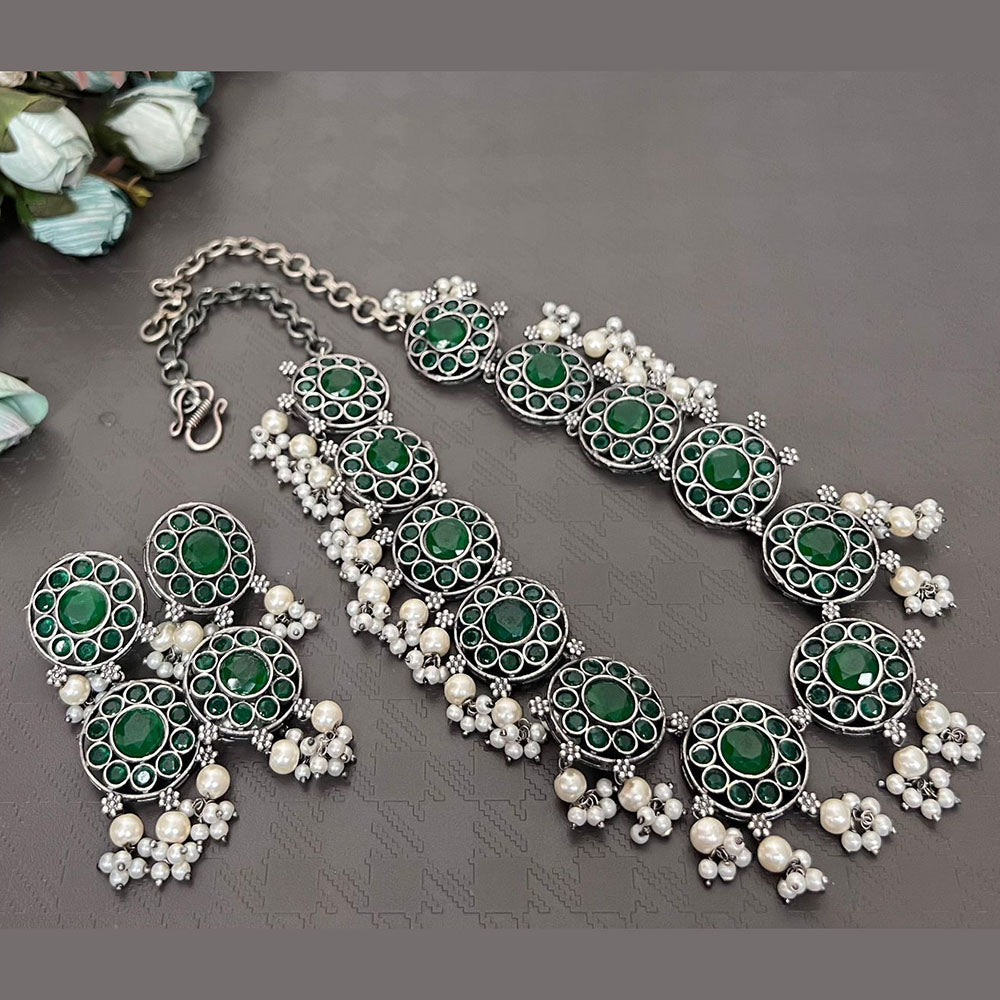 FS Collection Oxidised Plated Pota Stone And Pearls Necklace Set