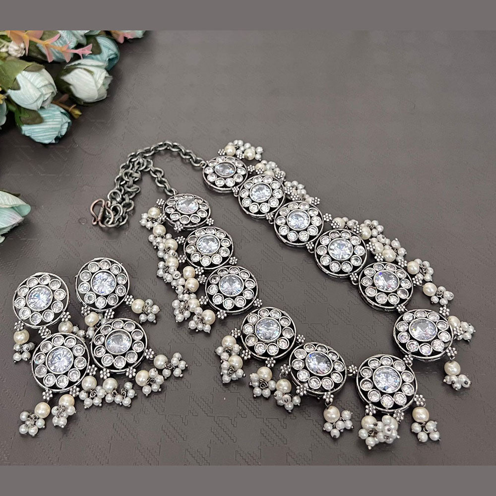 FS Collection Oxidised Plated Pota Stone And Pearls Necklace Set