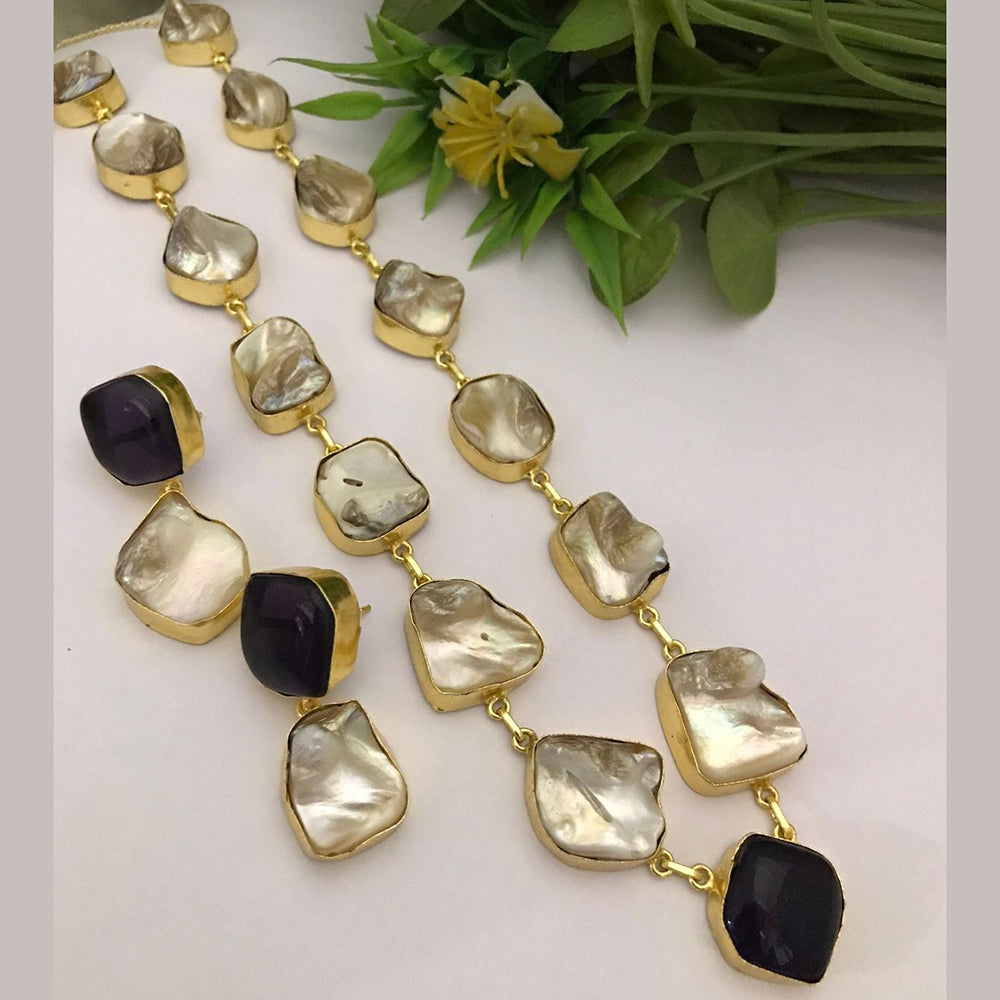 FS Collection Gold Plated Mother Of Pearls Long Necklace Set