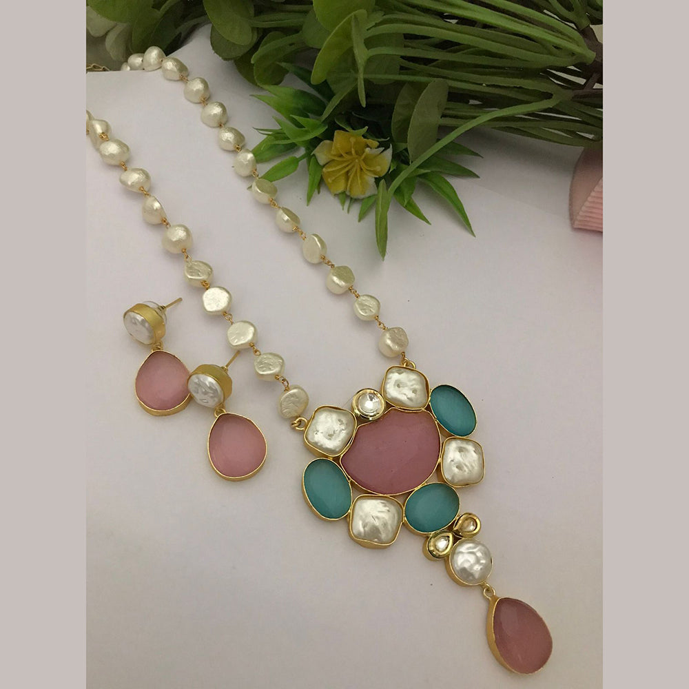 FS Collection Gold Plated Mother Of Pearls Long Necklace Set