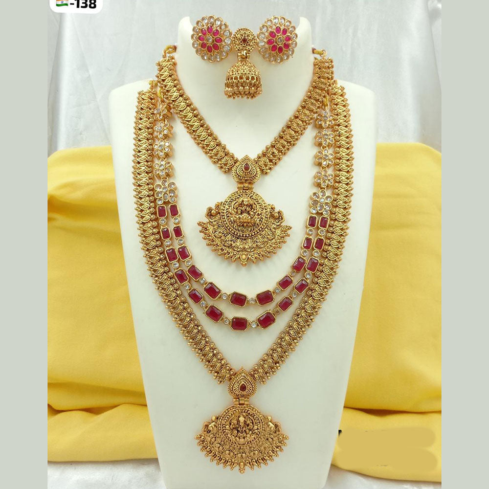 Fs Collection Gold Plated Crystal Stone Temple Long Necklace Combo Set