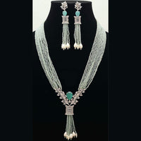 FS Collection Silver Plated AD And Pearls Multi Layer Long Necklace Set