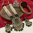 Fs Collection 2 Tone Plated Polki Kundan Stone And Pearls Temple Long Necklace Set