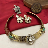 FS Collection Gold Plated Kundan Stone Temple Choker Necklace Set