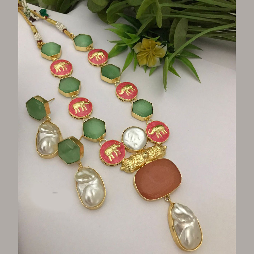 FS Collection Gold Plated Mother Of Pearls Elephant Style Necklace Set