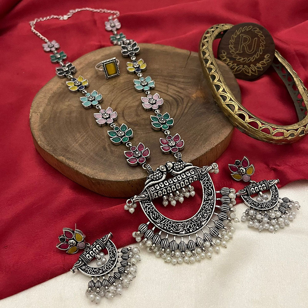 FS Collection Oxidised Plated Pota Stone Long Necklace Set