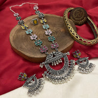 FS Collection Oxidised Plated Pota Stone Long Necklace Set