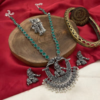 FS Collection Oxidised Plated Pota Stone Temple Long Necklace Set