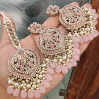 FS Collection Gold Plated Pota Stone Pearl And Beads Earrings With Mangtikka