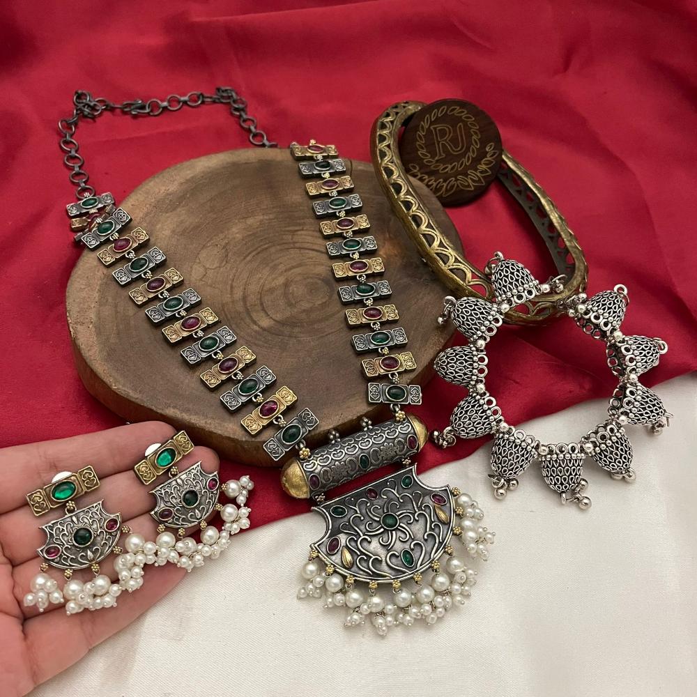 FS Collection Oxidised Plated Pota Stone Necklace Set