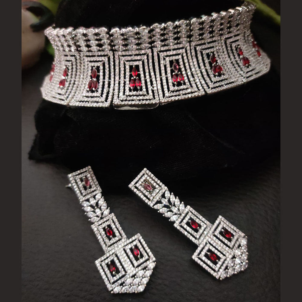 FS Collection Silver Plated American Diamond Choker Necklace Set