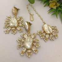 FS Collection Gold Plated Mother Of Pearl Earrings With Maangtikka