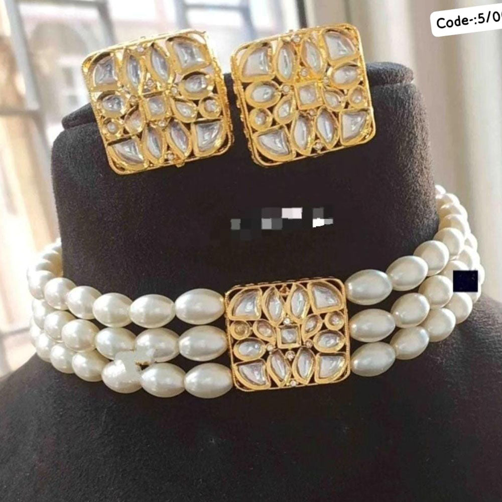 FS Collection Gold Plated Kundan Stone And Beads Choker Necklace Set
