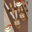 FS Collection Gold Plated Pota Stone And Pearls Temple Long Necklace Set