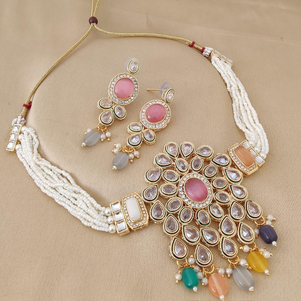 FS Collection Gold Plated Crystal Stone And  Beads Choker Necklace Set