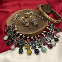 FS Collection Oxidised Plated Crystal Stone Necklace Set