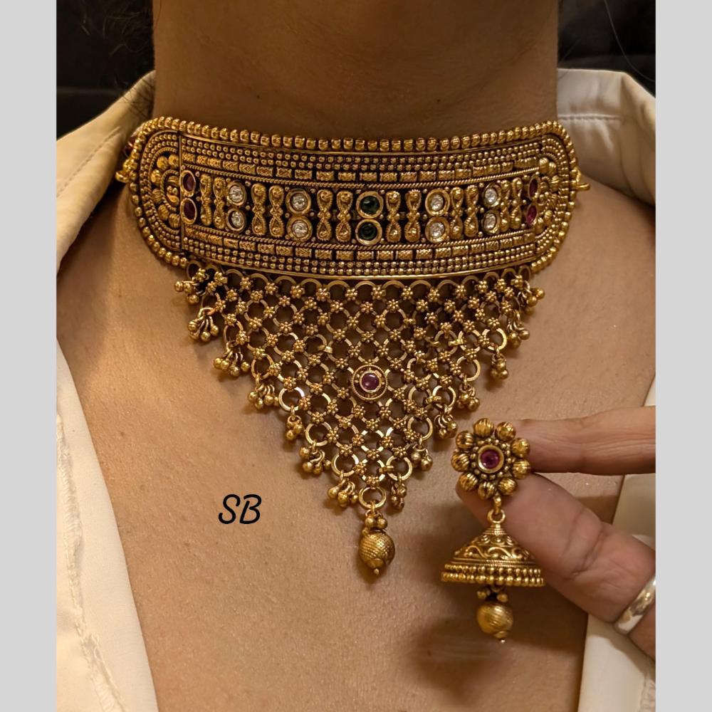 FS Collection Gold Plated Pota Stone Choker Necklace Set