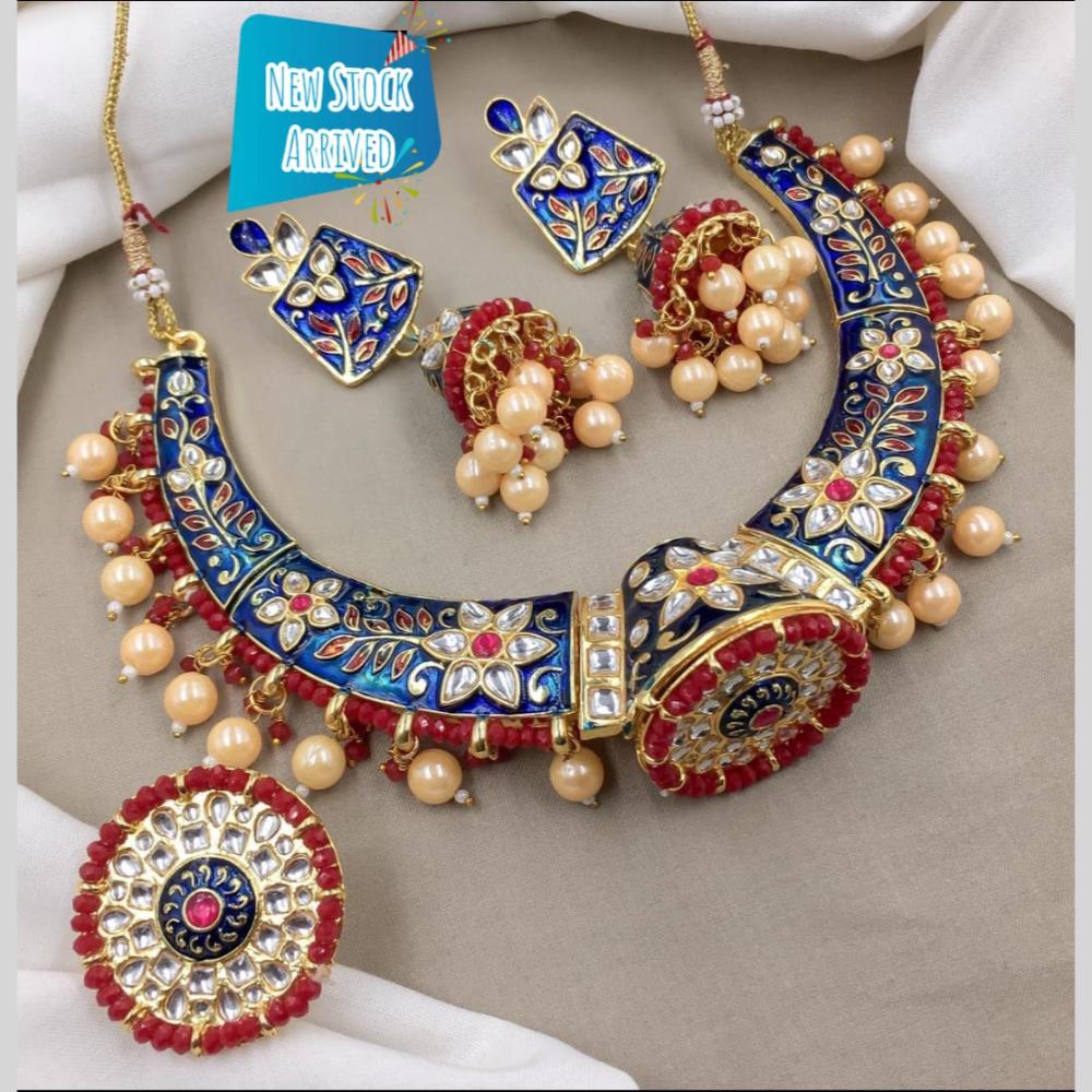 FS Collection Gold Plated Kundan Pearl And Meenakari Necklace Set