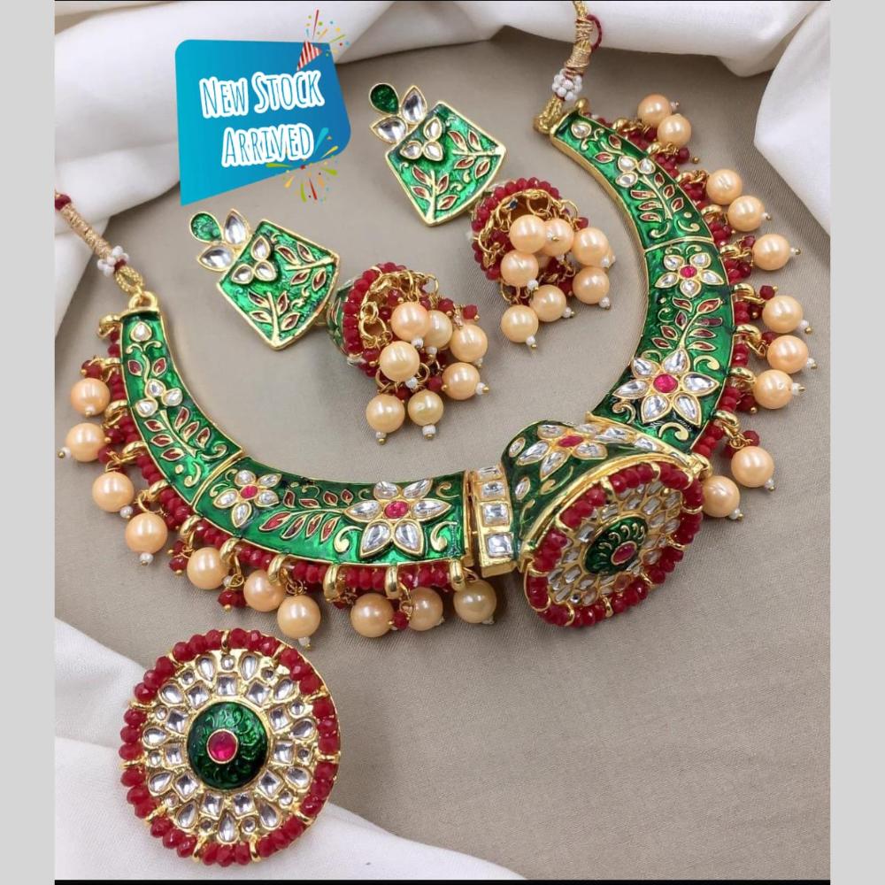 FS Collection Gold Plated Kundan Pearl And Meenakari Necklace Set