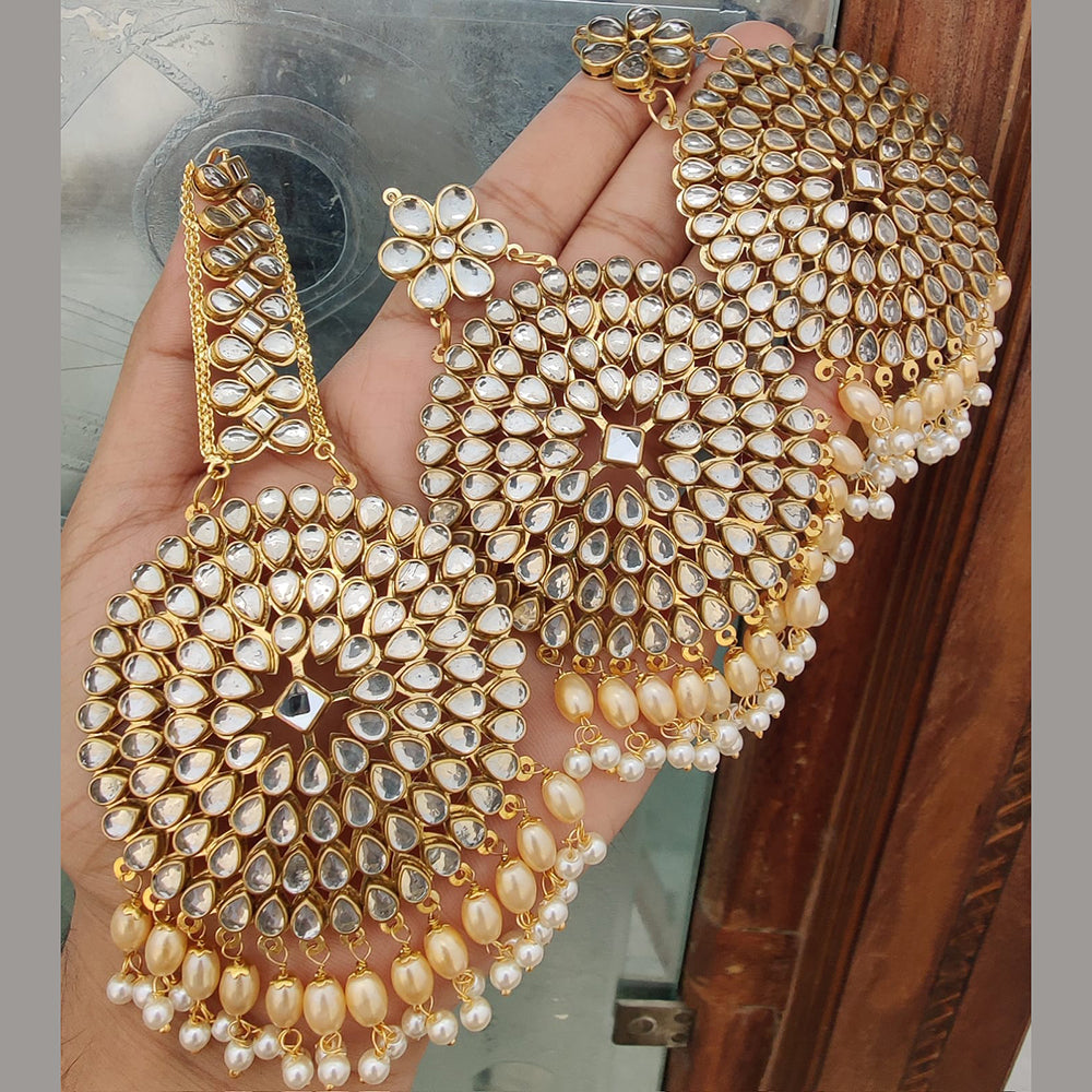 FS Collection Gold Plated Kundan Stone And Beads Dangler Earrings With Maangtikka