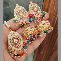 FS Collection Gold Plated Crystal Stone And Beads Dangler Earrings With Maangtikka