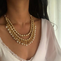 FS Collection Gold Plated Kundan Stone And Pearls Necklace Set