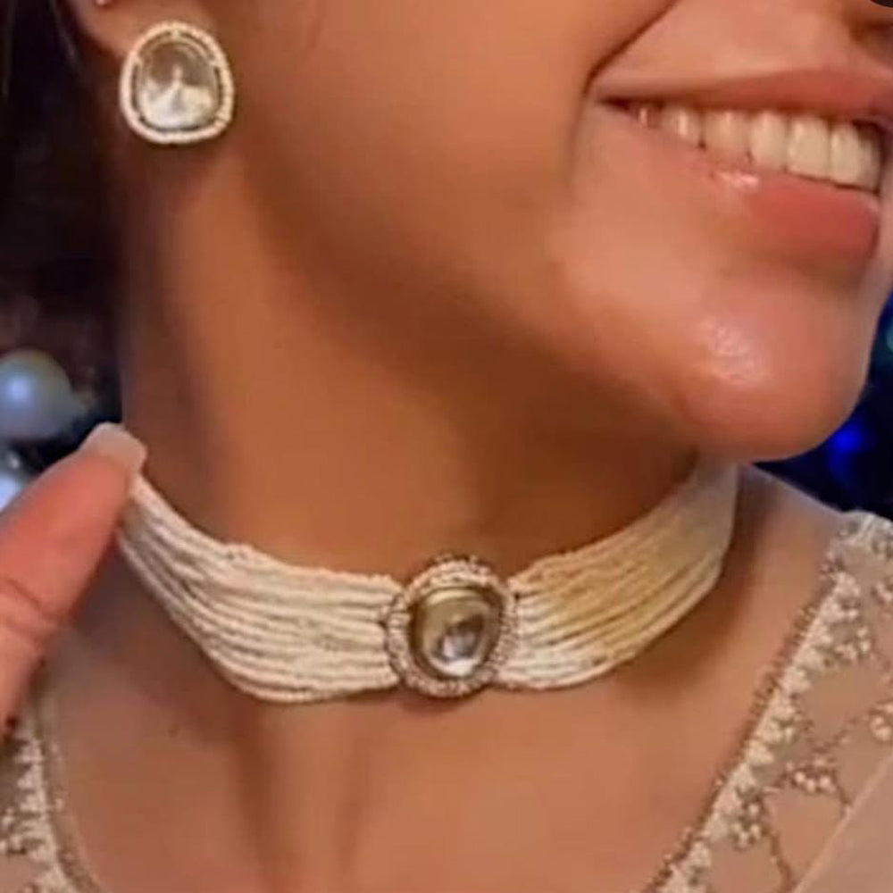 FS Collection Gold Plated Kundan Stone And Pearls Choker Necklace Set