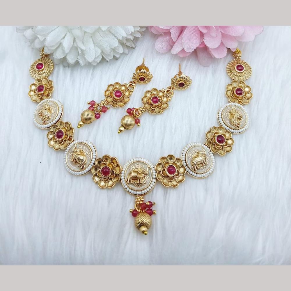 FS Collection Gold Plated Pota Stone and Pearls Elephant Shape Necklace Set
