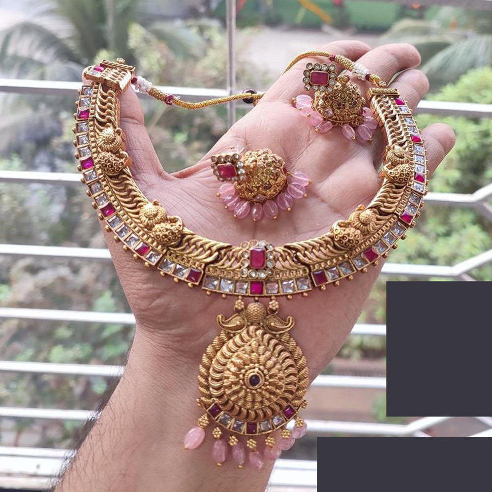 FS Collection Gold Plated Crystal Stone and Beads Necklace Set