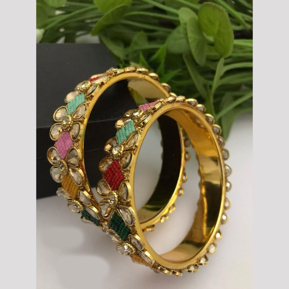FS Collection Gold Plated Crystal Stone And Pearls Bangle Set