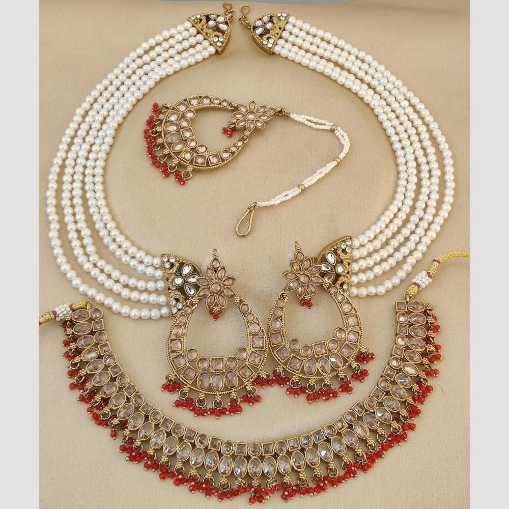 FS Collection Gold Plated Crystal Stone And Pearls Necklace Set