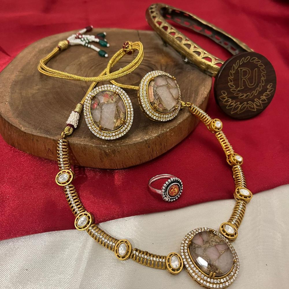 FS Collection Gold Plated Druzy Crystal Stone Necklace Set