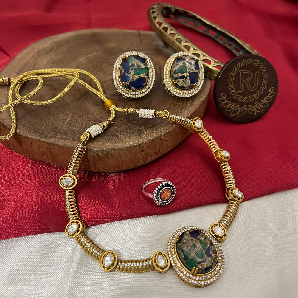 FS Collection Gold Plated Druzy Crystal Stone Necklace Set