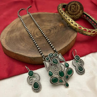FS Collection Oxidised Plated Pota Stone And Pearls Long Necklace Set