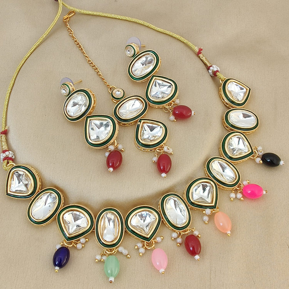 FS Collection Gold Plated Kundan Stone And Beads Choker Necklace Set