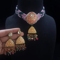FS Collection Gold Plated Kundan Stone And Beads Meenakari Choker Necklace Set
