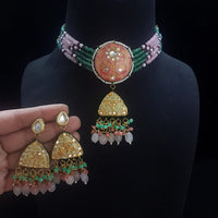 FS Collection Gold Plated Kundan Stone And Beads Meenakari Choker Necklace Set