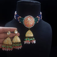 FS Collection Gold Plated Kundan Stone And Beads Meenakari Choker Necklace Set