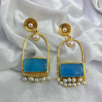 FS Collection Gold Plated Crystal Stone And Pearls Dangler Earrings