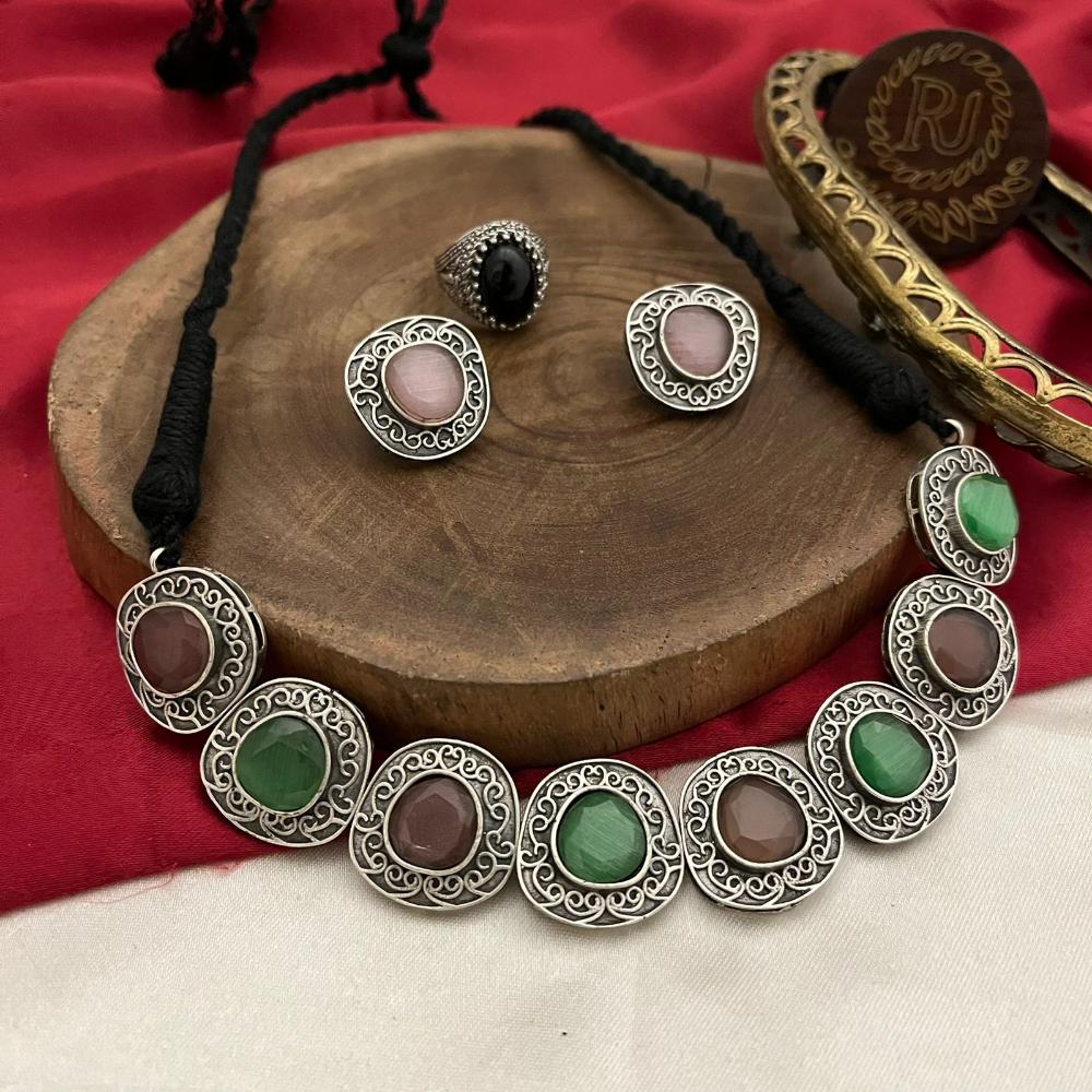 FS Collection Oxidised Plated Pota Stone Necklace Set